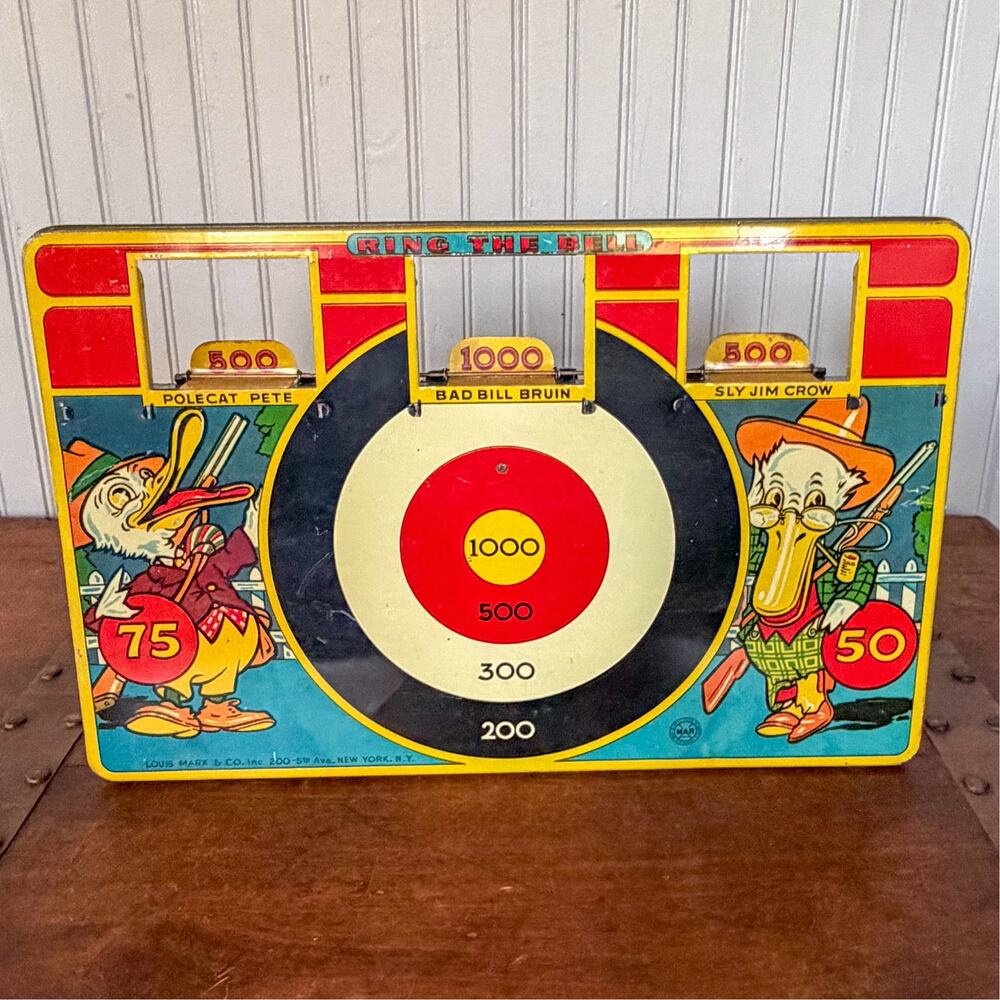 Marx Ring the Bell Tin Litho Target Game, Boy Hunter Trap Doors, Vintage Toy